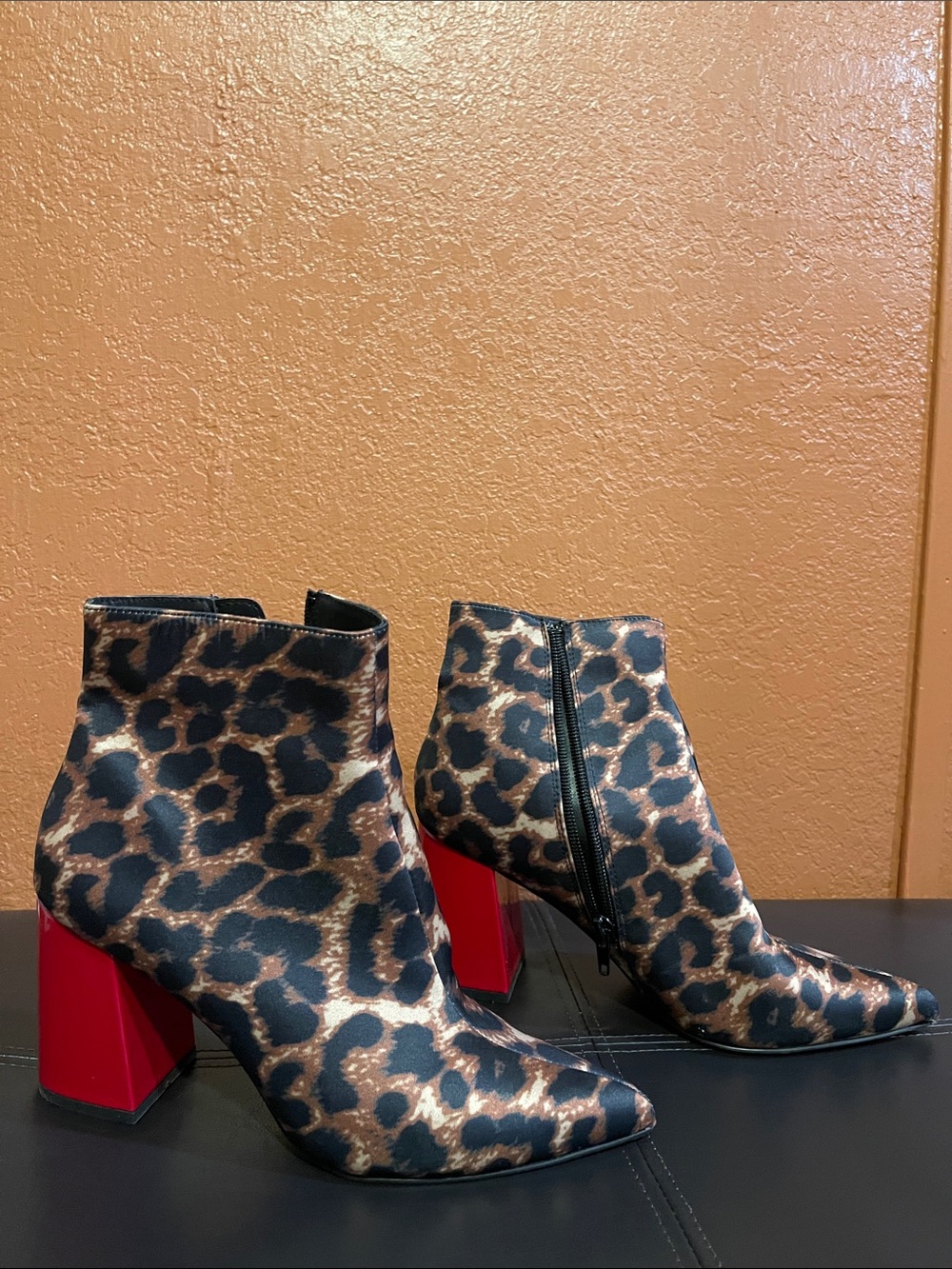 Betsey Johnson Leopard Print Ankle Boots with Red Block Heel